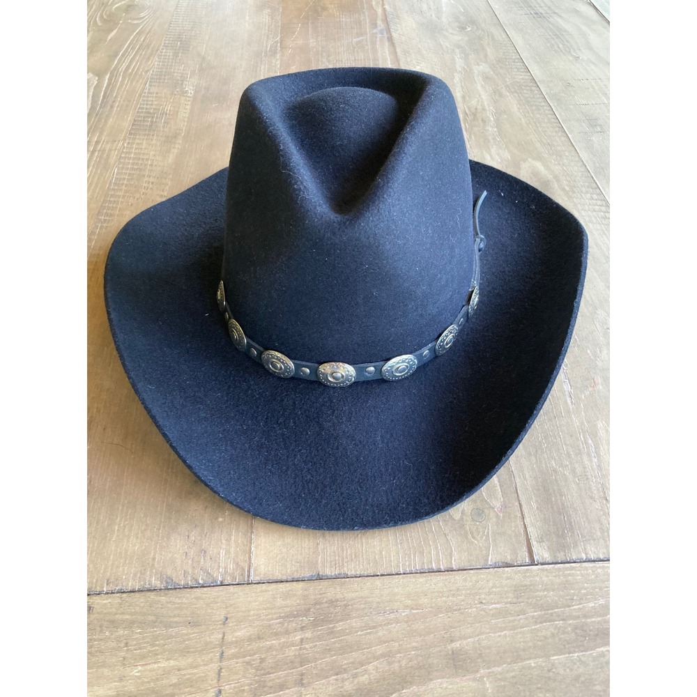 Stetson‎ Pony Express Teague Black Pure Wool Cowboy Hat Silver Concho Band 7 1/8 - Picture 2 of 12
